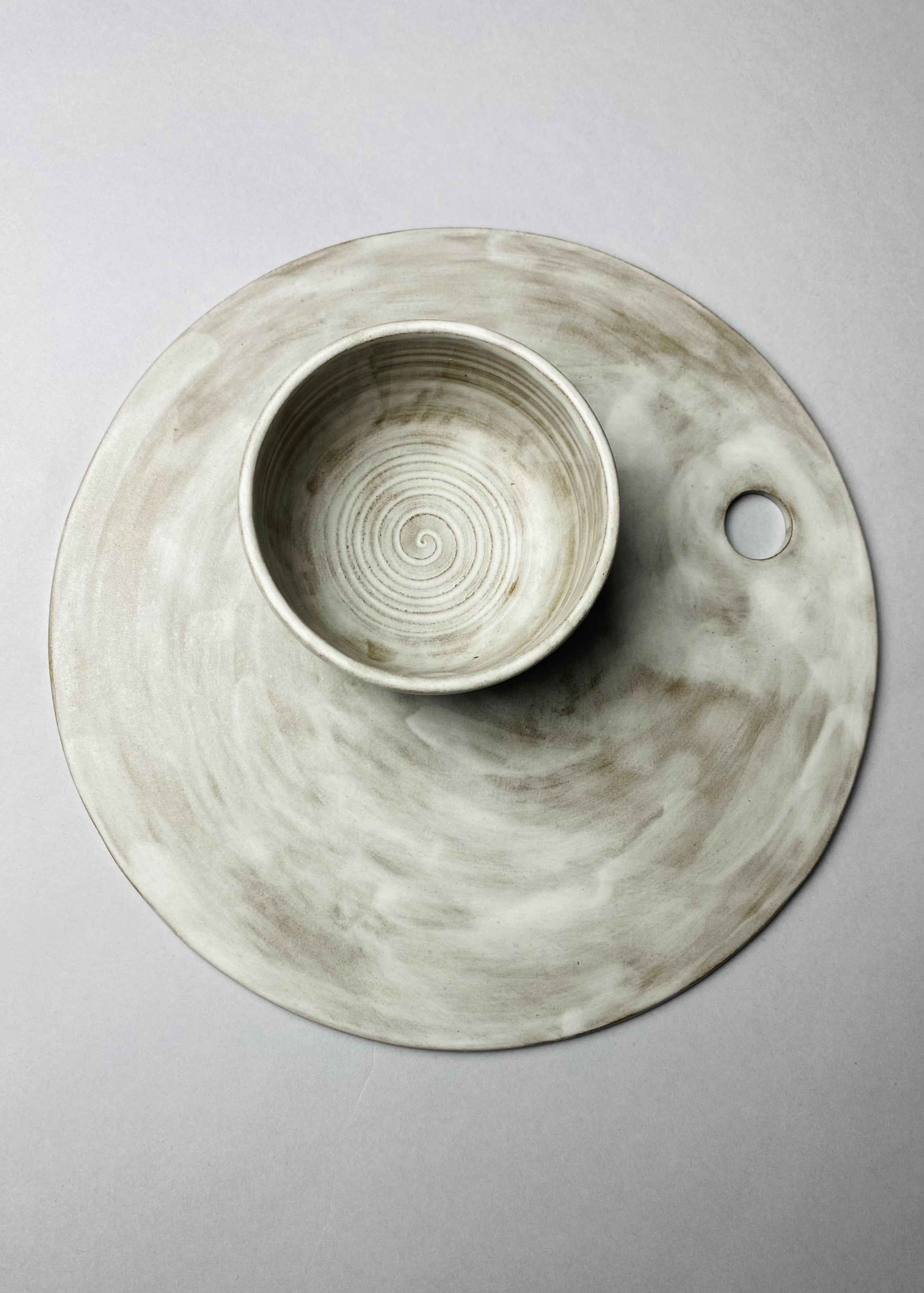 Deska ceramiczna szarobiała zestaw z miseczką