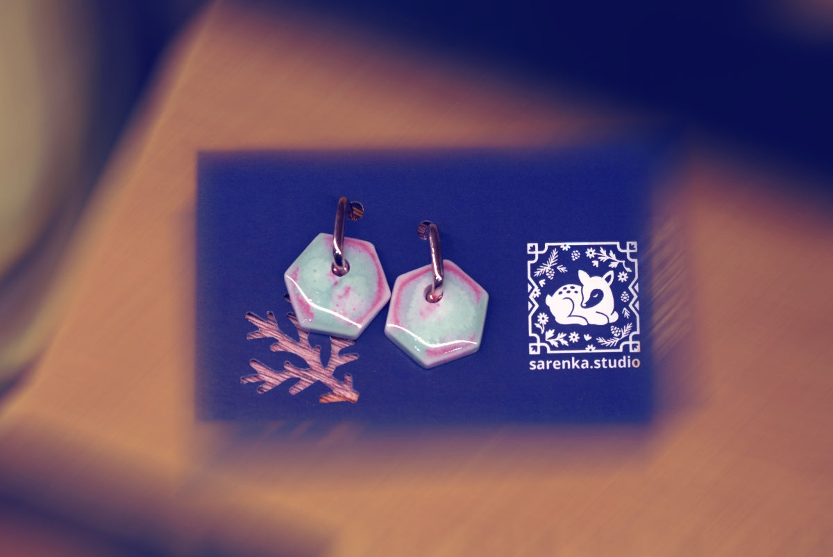 Porcelanowe kolczyki błękit z różem #5