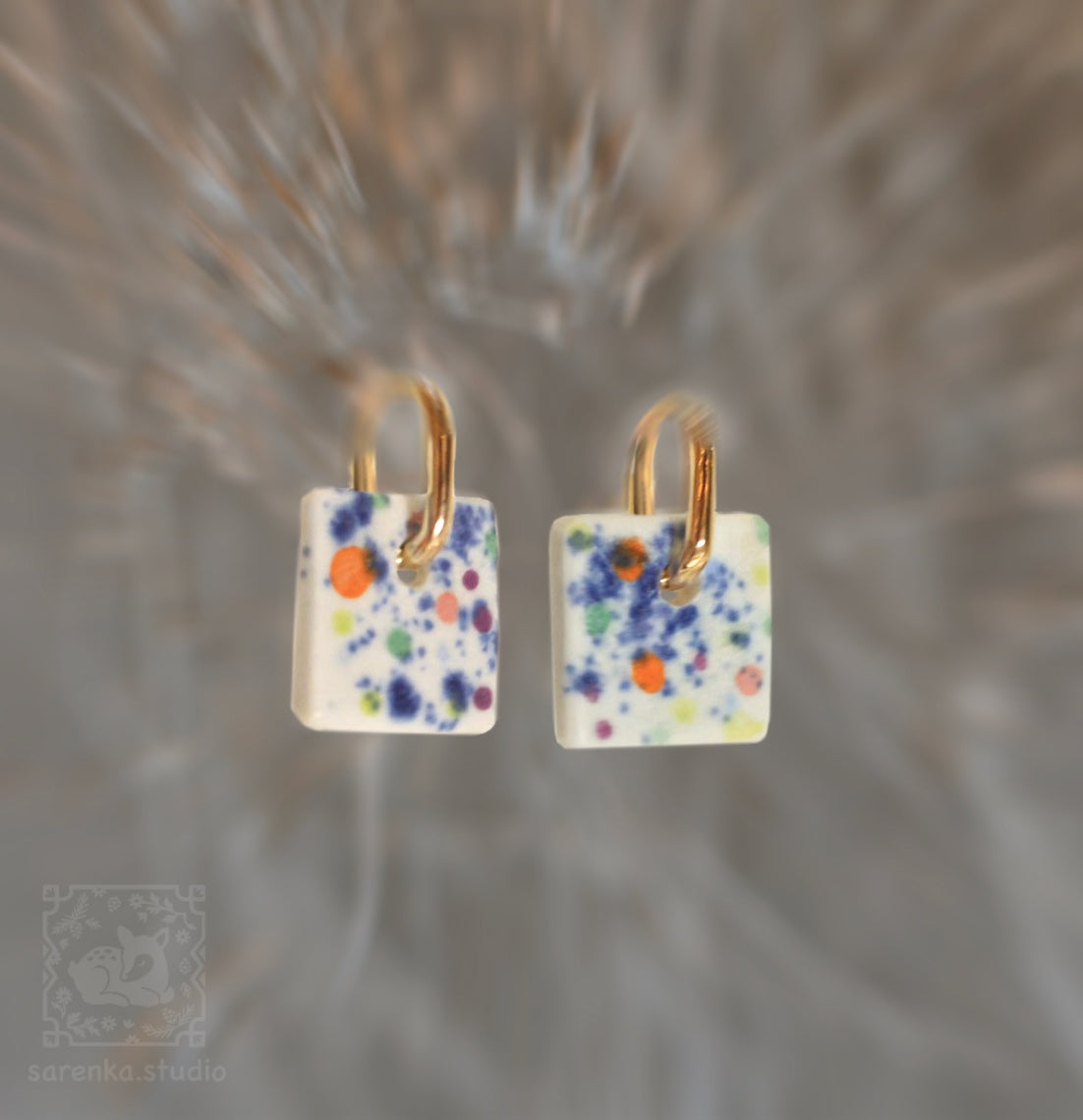Porcelanowe kolczyki nakrapiane, błękit i pomarańcz #7