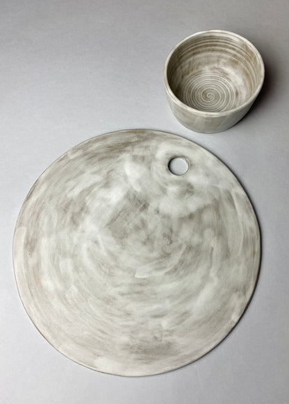 Deska ceramiczna szarobiała zestaw z miseczką